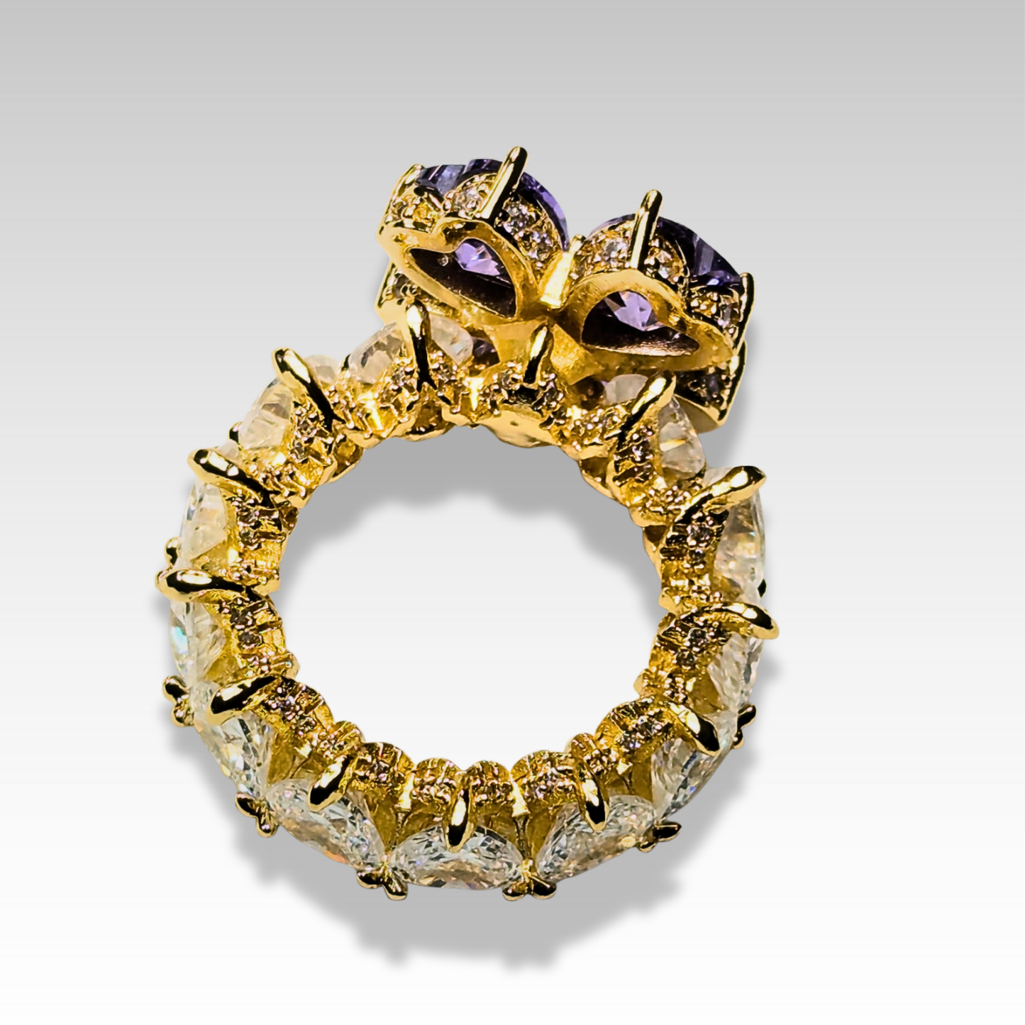 Signature clover ring with purple & white gemstones gold tone