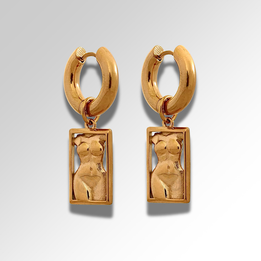 Gold plated rectangular drop huggie earrings with sculptural figure detail