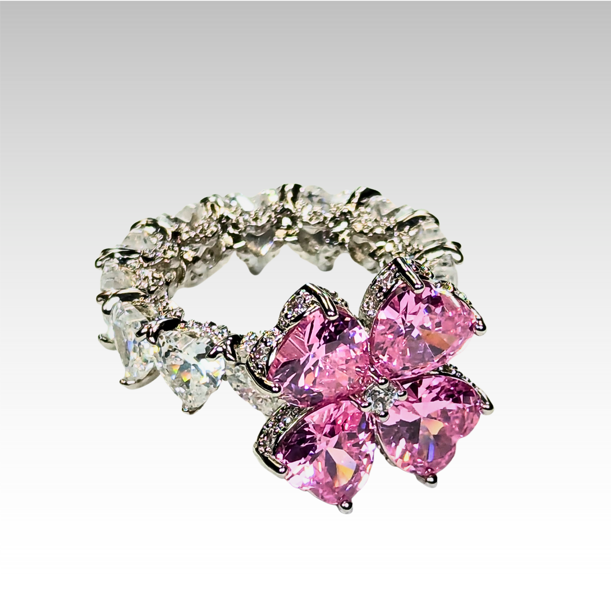 Signature Clover with Pink & White gemstones Silver tones