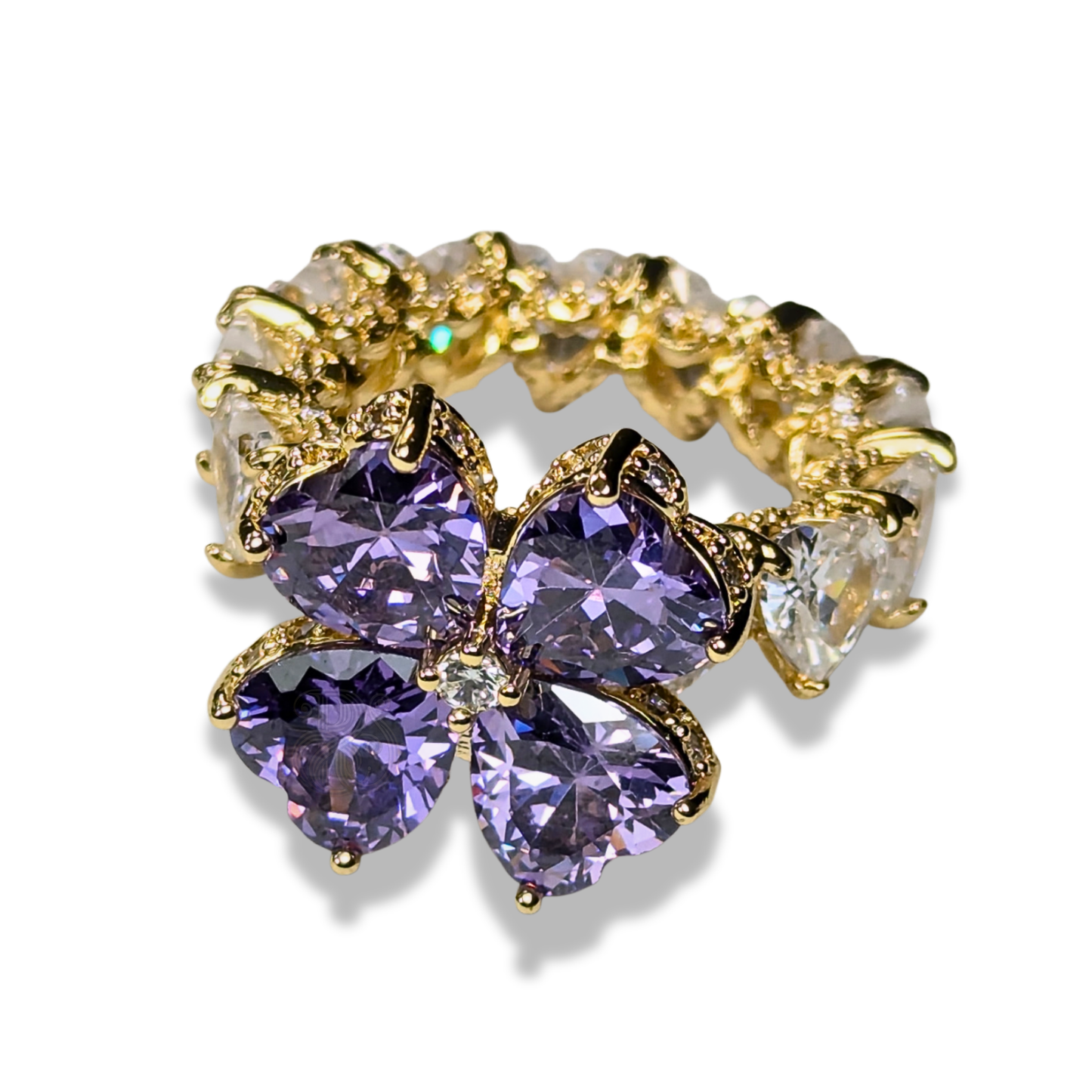 Signature clover ring with purple & white gemstones gold tone 