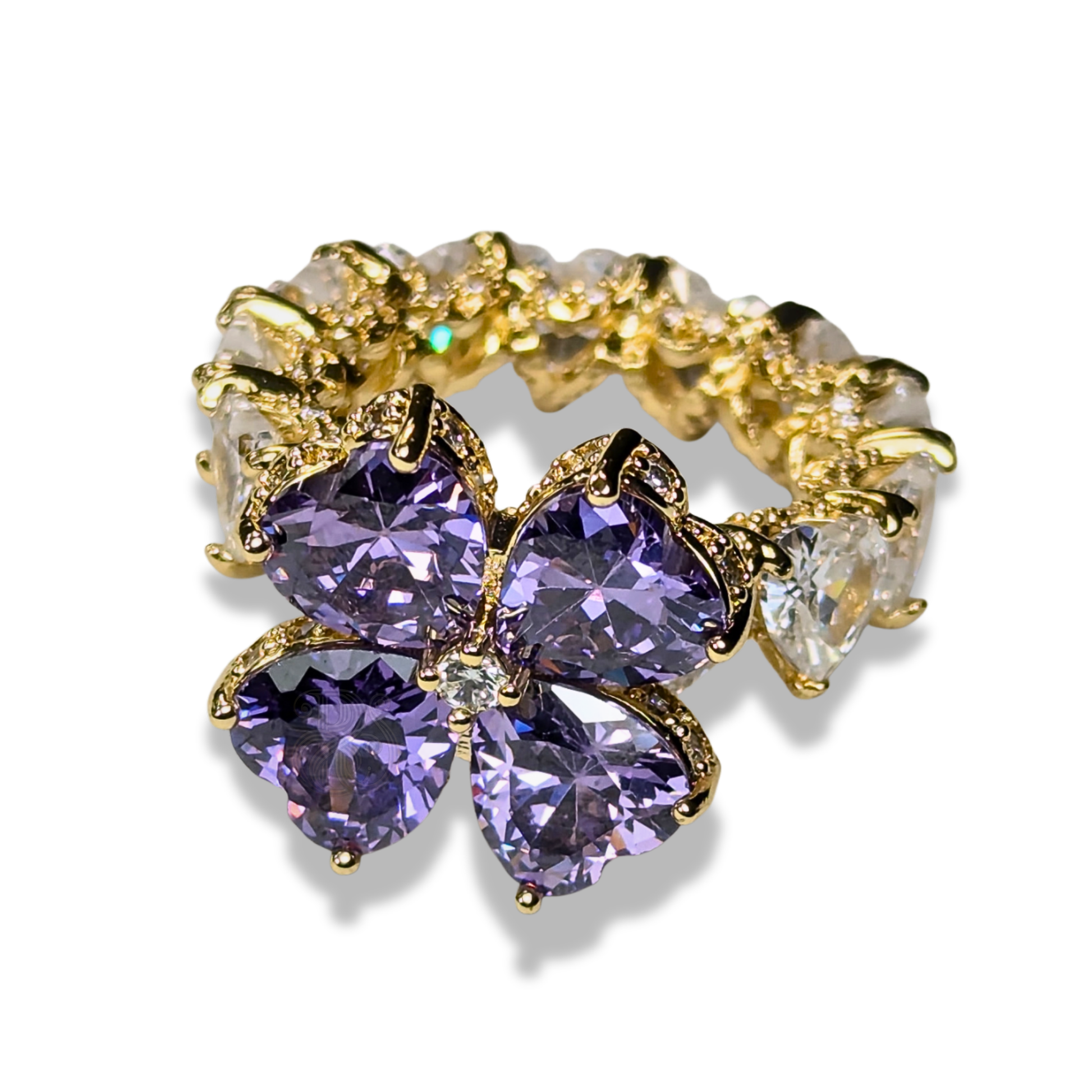 Signature clover ring with purple & white gemstones gold tone 