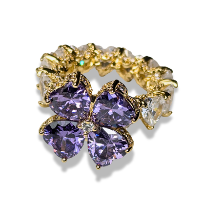 Signature clover ring with purple & white gemstones gold tone 