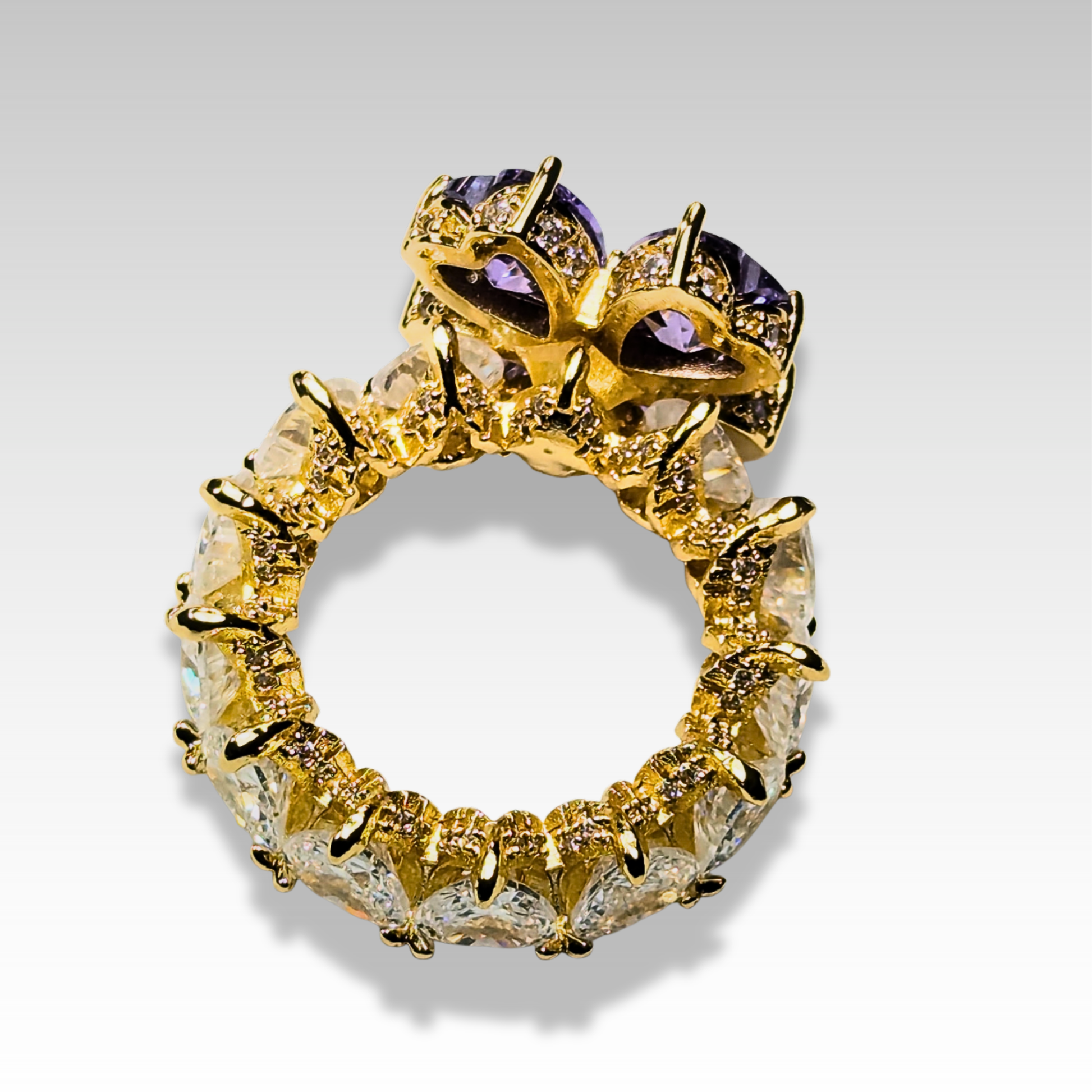 Signature clover ring with purple & white gemstones gold tone