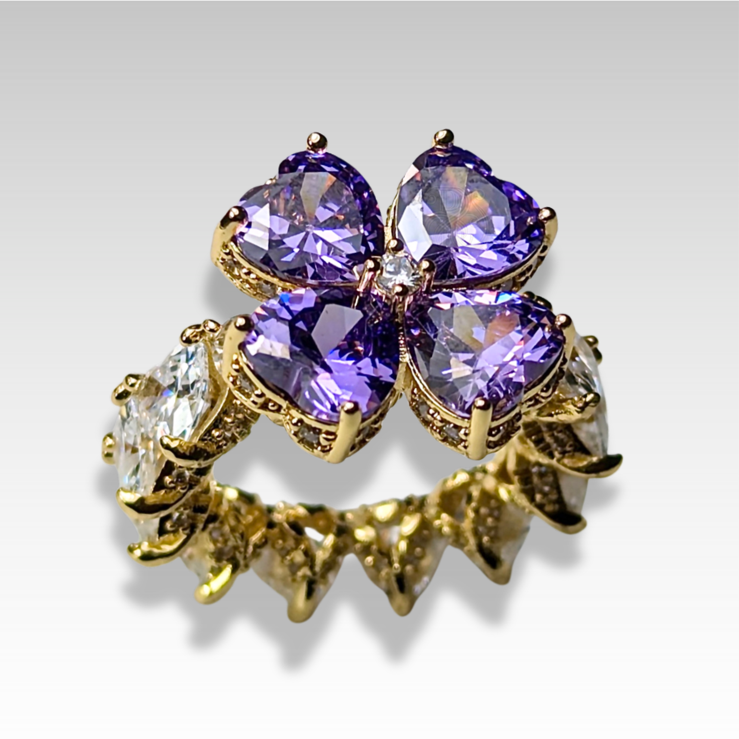 Signature clover ring with purple & white gemstones gold tone