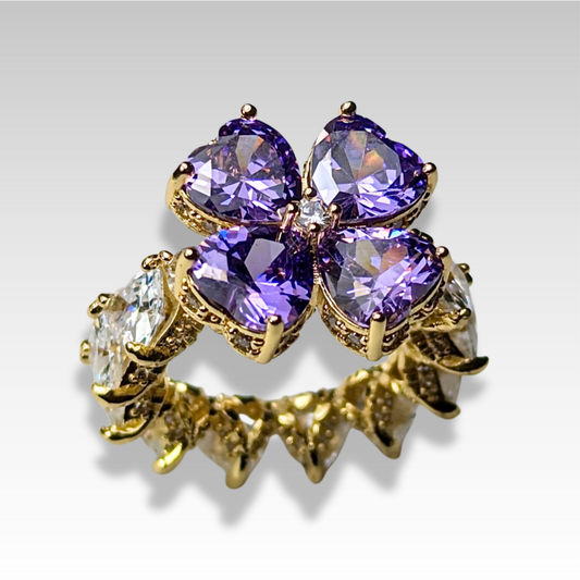 Signature clover ring with purple & white gemstones gold tone